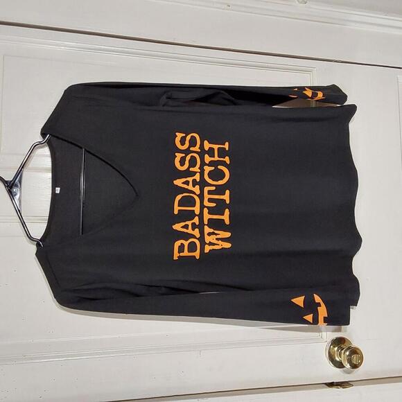 None Tops - Halloween black long sleeve Badass Witch vneck shirt, Small